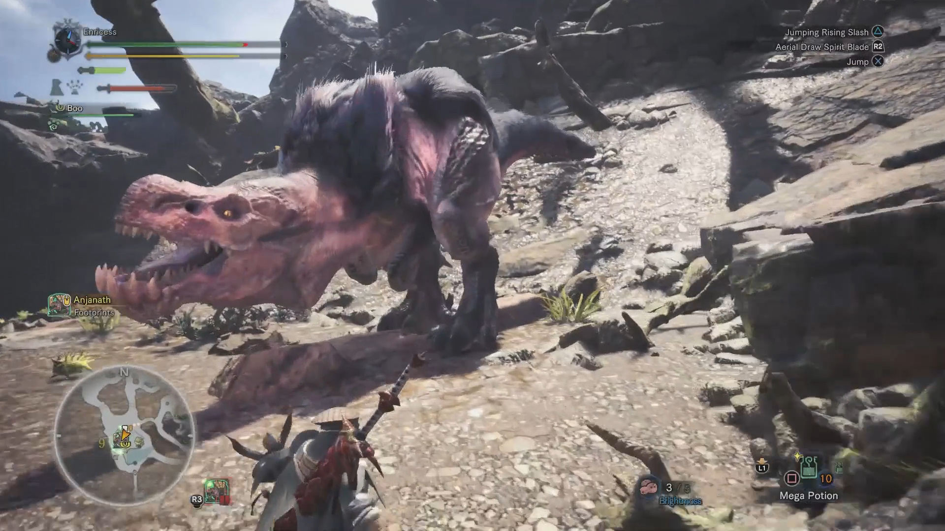 Monster Hunter: World screenshot: realistic, third-person, no outlines, realistic lighting (environment, character, combat)