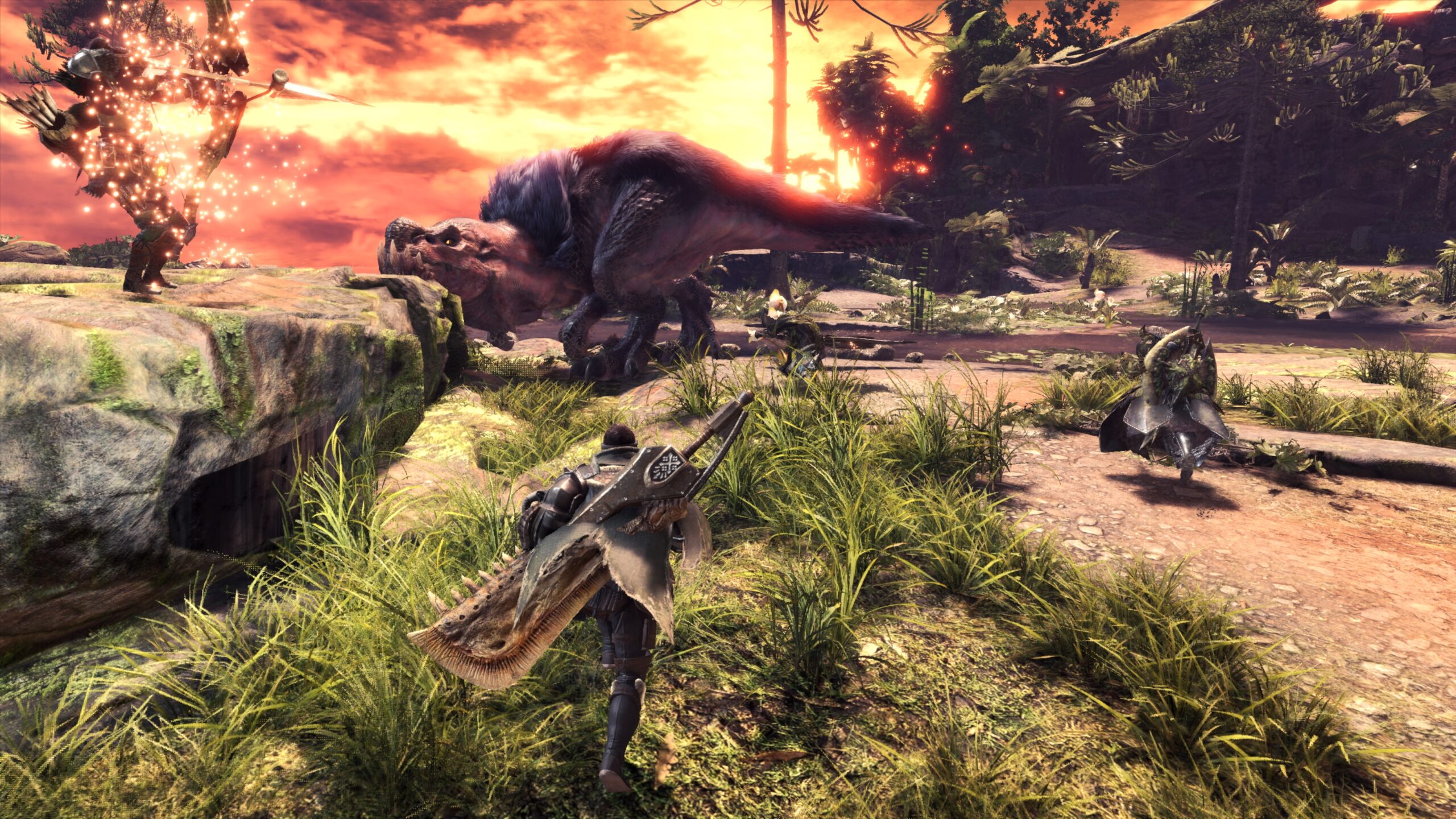 Monster Hunter: World screenshot: realistic, third-person, no outlines, realistic lighting (environment, character, combat)