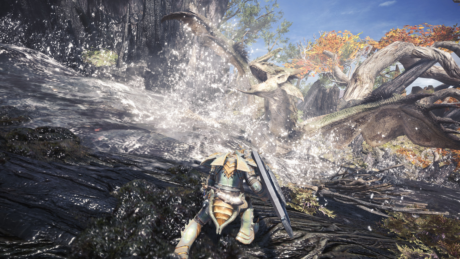 Monster Hunter: World screenshot: realistic, third-person, no outlines, realistic lighting (environment, character, combat)