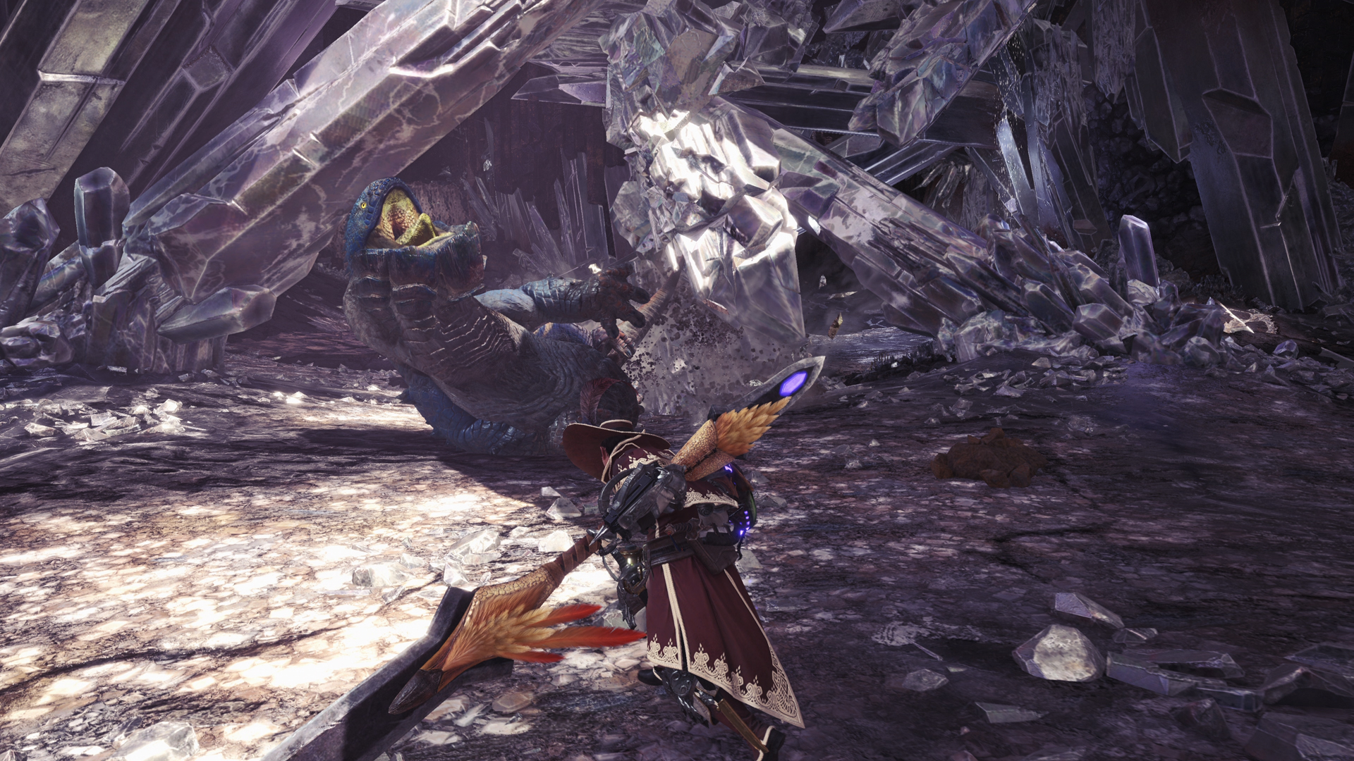 Monster Hunter: World screenshot: realistic, third-person, no outlines, realistic lighting (environment, character, combat)