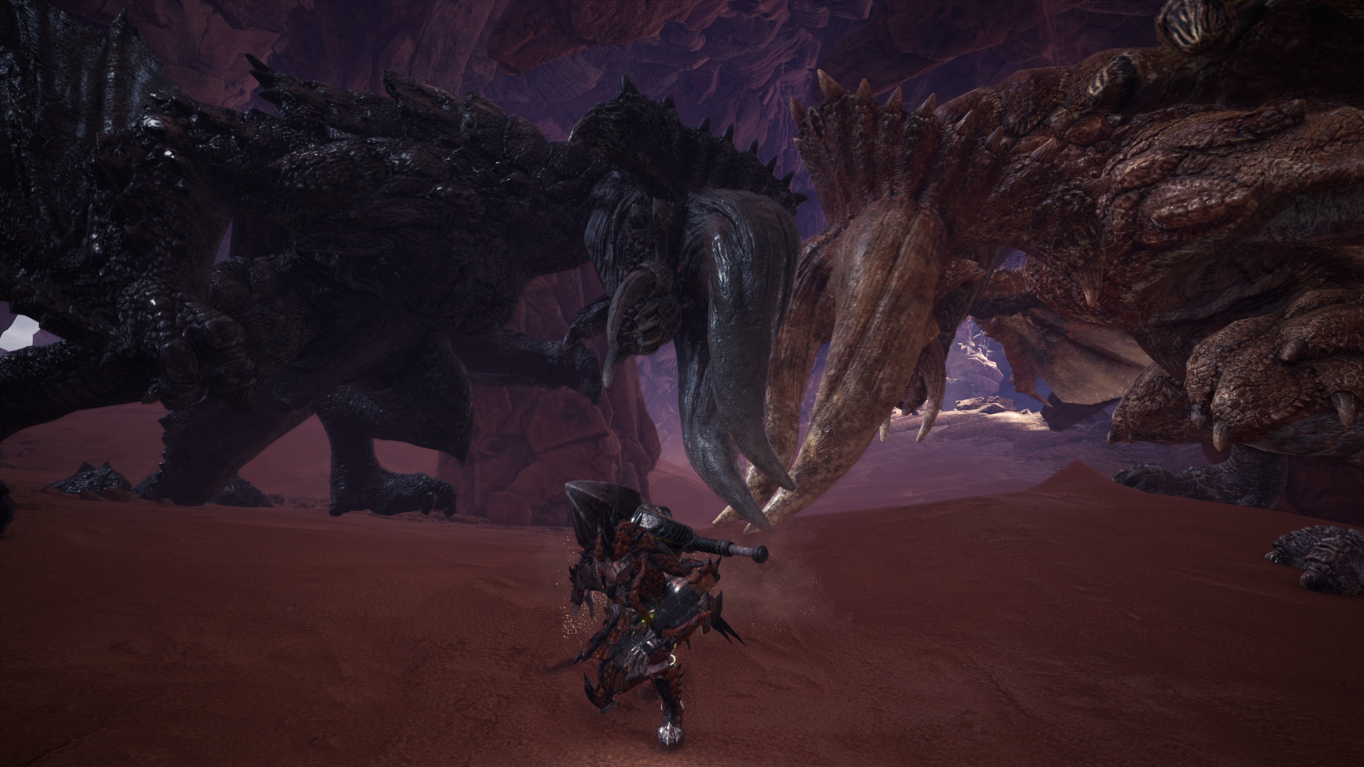 Monster Hunter: World screenshot: realistic, third-person, no outlines, realistic lighting (environment, character, combat)