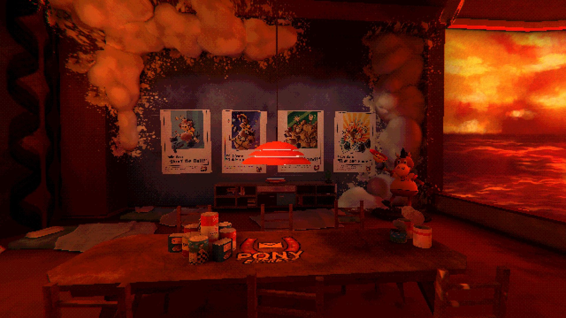 Mouthwashing screenshot: retro 3d, low-poly, first-person, no outlines, soft gradient (environment)