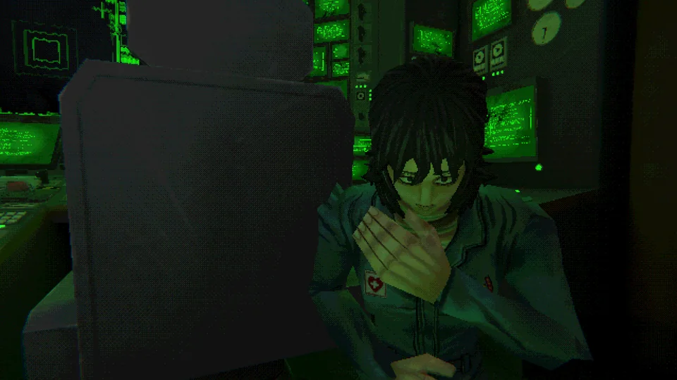 Mouthwashing screenshot: retro 3d, low-poly, first-person, no outlines, soft gradient (character)