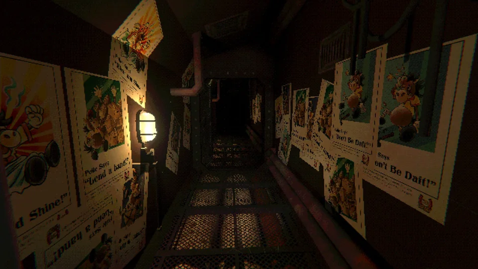 Mouthwashing screenshot: retro 3d, low-poly, first-person, no outlines, soft gradient (environment)