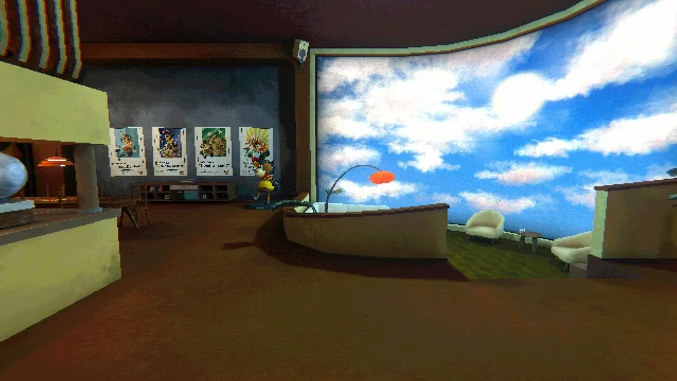 Mouthwashing screenshot: retro 3d, low-poly, first-person, no outlines, soft gradient (environment)