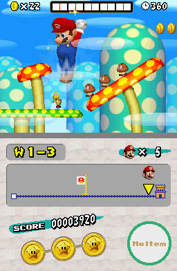 New Super Mario Bros. screenshot: stylized 3d, side-scrolling, no outlines, soft gradient (environment, character)