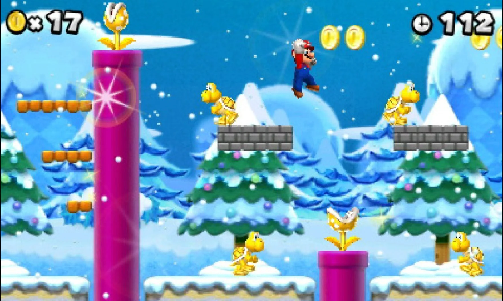 New Super Mario Bros. 2 screenshot: stylized 3d, side-scrolling, no outlines, soft gradient (environment)