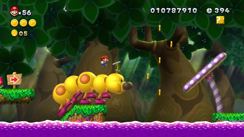 New Super Mario Bros. U screenshot: stylized 3d, side-scrolling, no outlines, soft gradient (environment, combat)