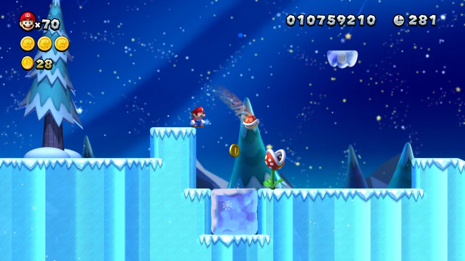 New Super Mario Bros. U screenshot: stylized 3d, side-scrolling, no outlines, soft gradient (environment, combat)
