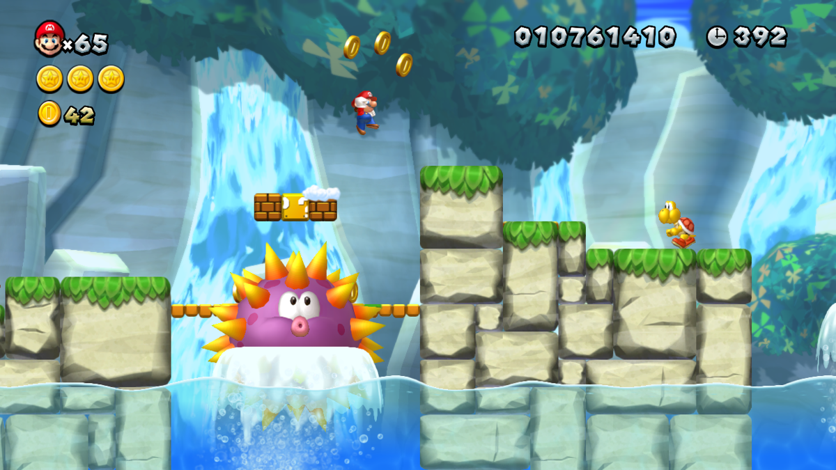 New Super Mario Bros. U screenshot: stylized 3d, side-scrolling, no outlines, soft gradient (environment, combat)