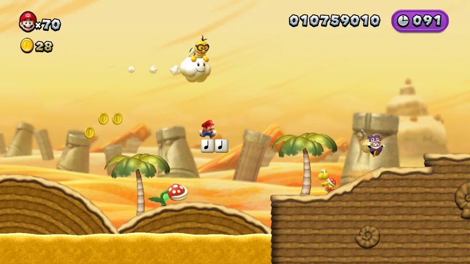 New Super Mario Bros. U screenshot: stylized 3d, side-scrolling, no outlines, soft gradient (environment, combat)