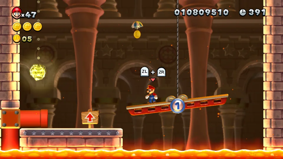 New Super Mario Bros. U screenshot: stylized 3d, side-scrolling, no outlines, soft gradient (environment, combat)