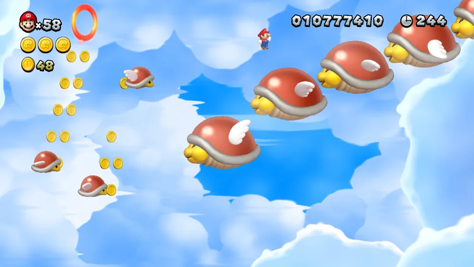 New Super Mario Bros. U screenshot: stylized 3d, side-scrolling, no outlines, soft gradient (environment, combat)
