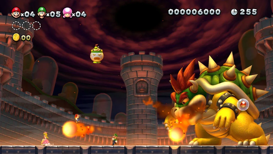 New Super Mario Bros. U Deluxe screenshot: stylized 3d, painterly, side-scrolling, no outlines, soft gradient (combat, character)