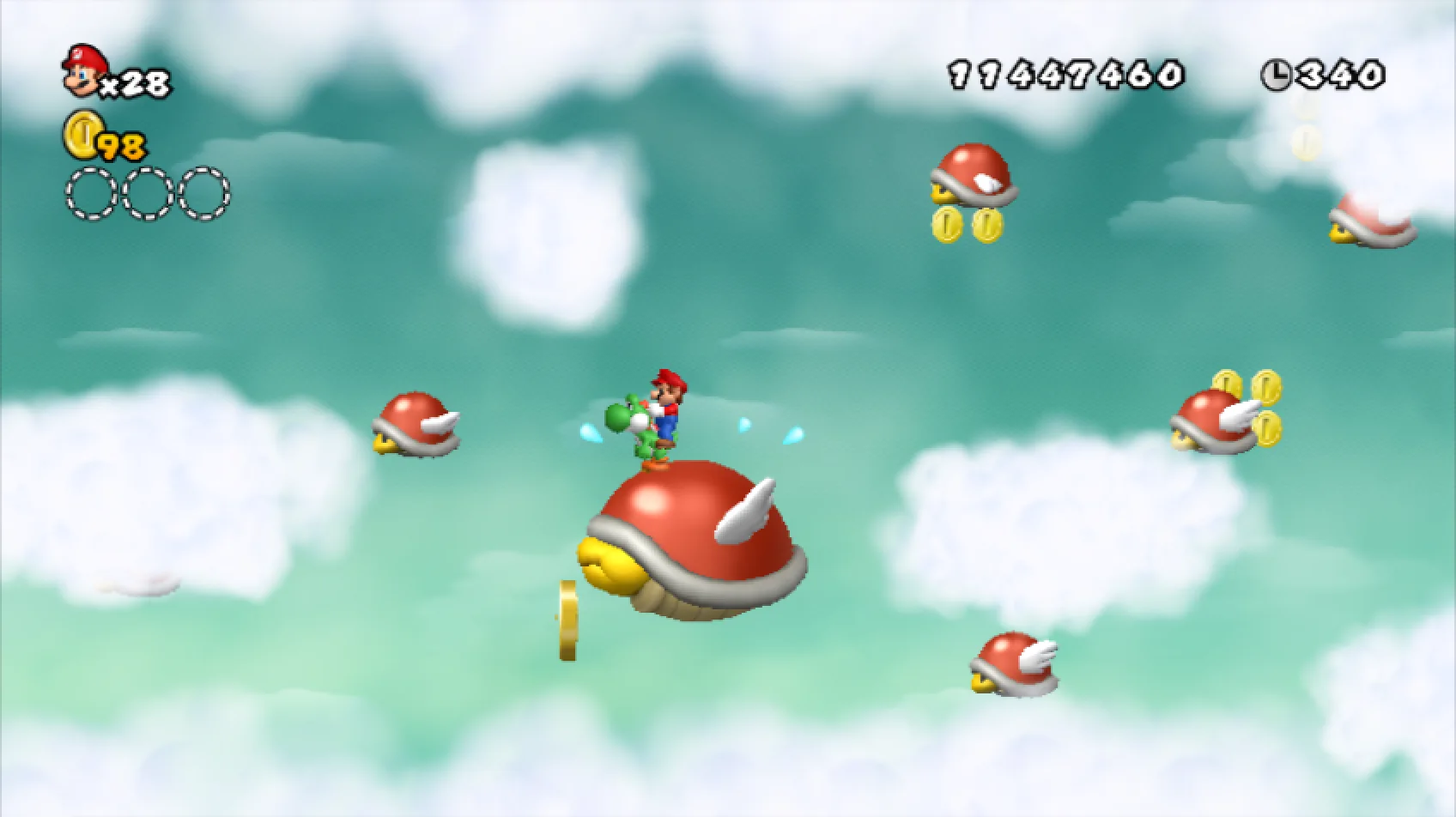 New Super Mario Bros. Wii screenshot: stylized 3d, side-scrolling, three-quarter, no outlines, soft gradient (environment, combat)