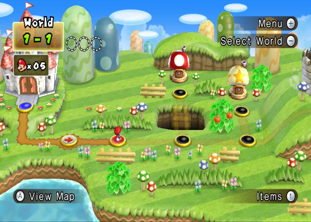New Super Mario Bros. Wii screenshot: stylized 3d, side-scrolling, three-quarter, no outlines, soft gradient (environment, ui / menu)
