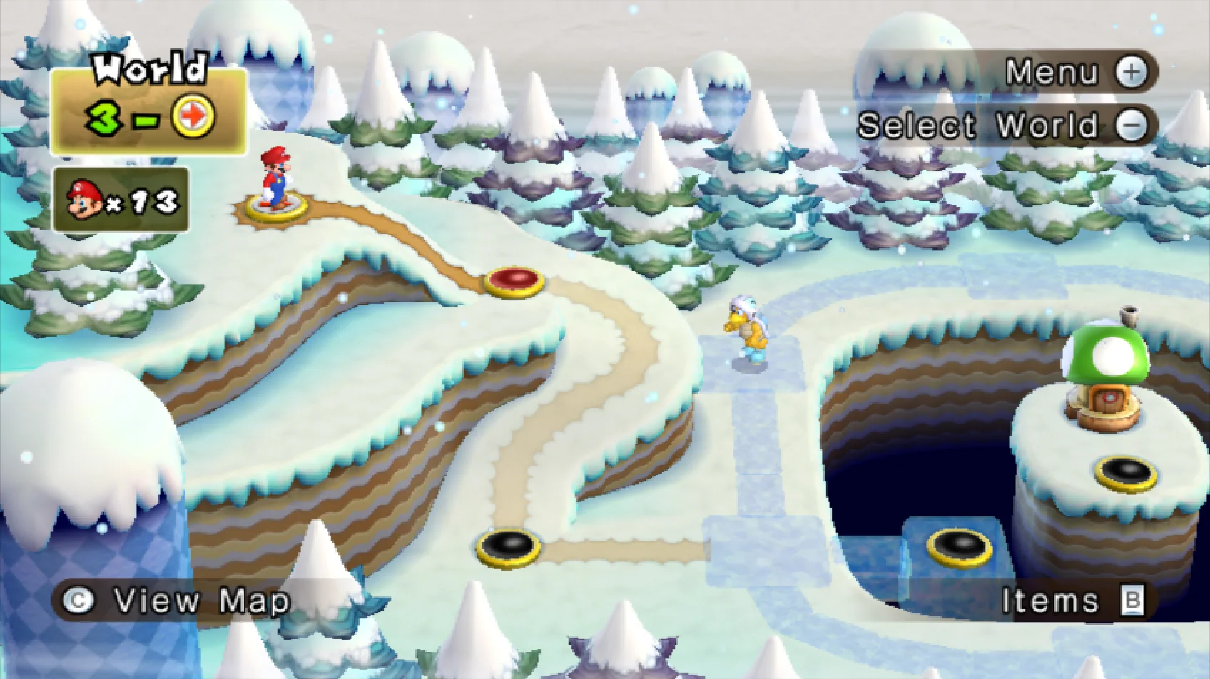 New Super Mario Bros. Wii screenshot: stylized 3d, side-scrolling, three-quarter, no outlines, soft gradient (environment, ui / menu)
