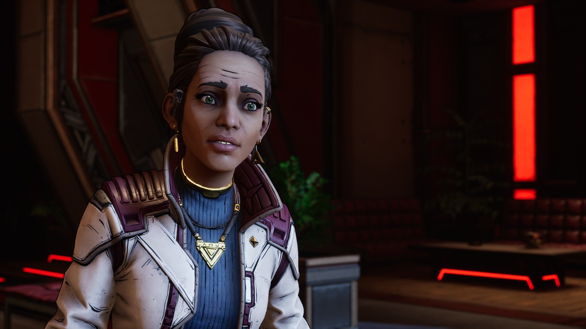 New Tales from the Borderlands screenshot: cel-shaded, third-person, fixed camera, black outlines, soft gradient (character, cutscene)