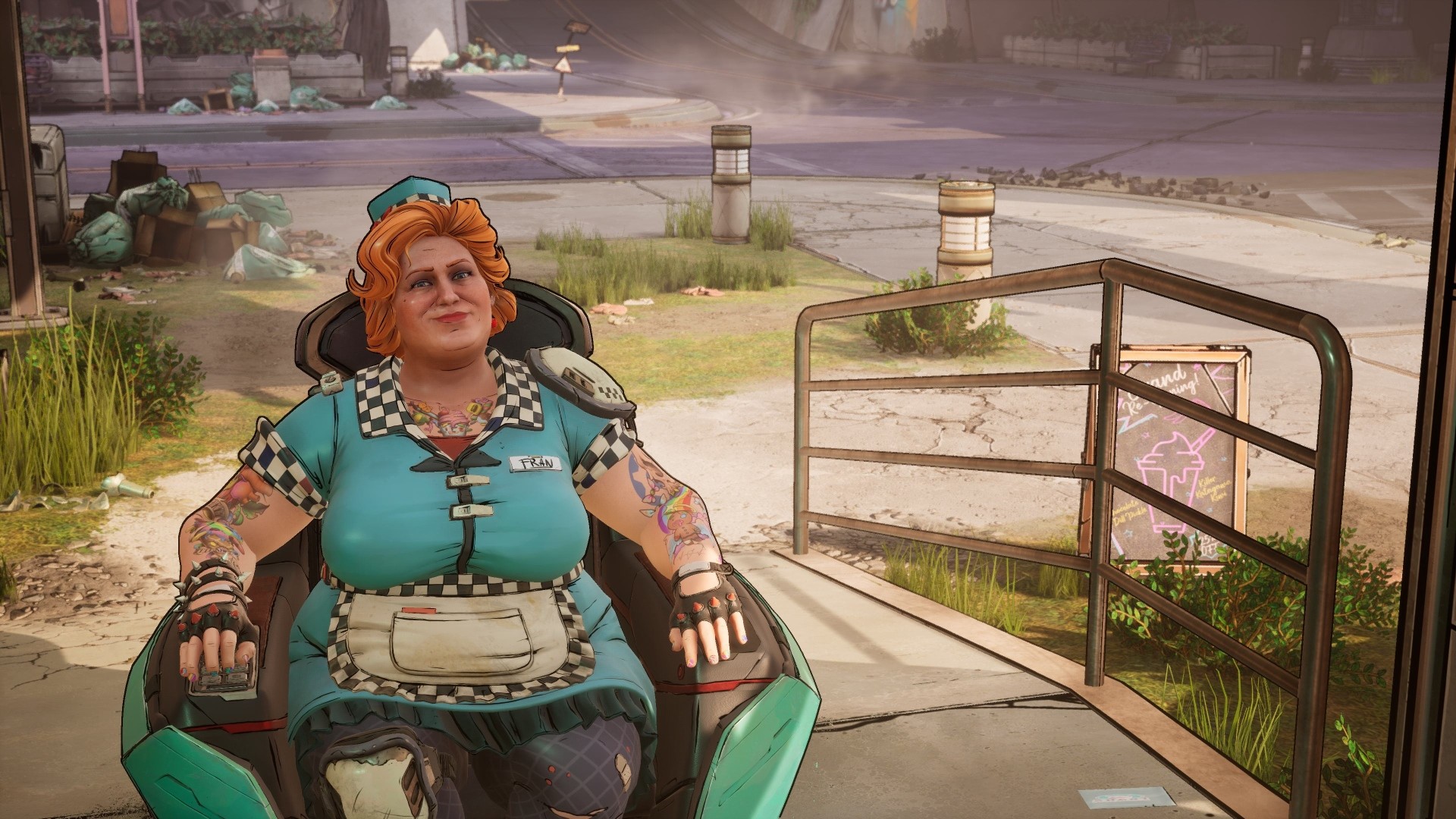 New Tales from the Borderlands screenshot: cel-shaded, third-person, fixed camera, black outlines, soft gradient (character, cutscene)