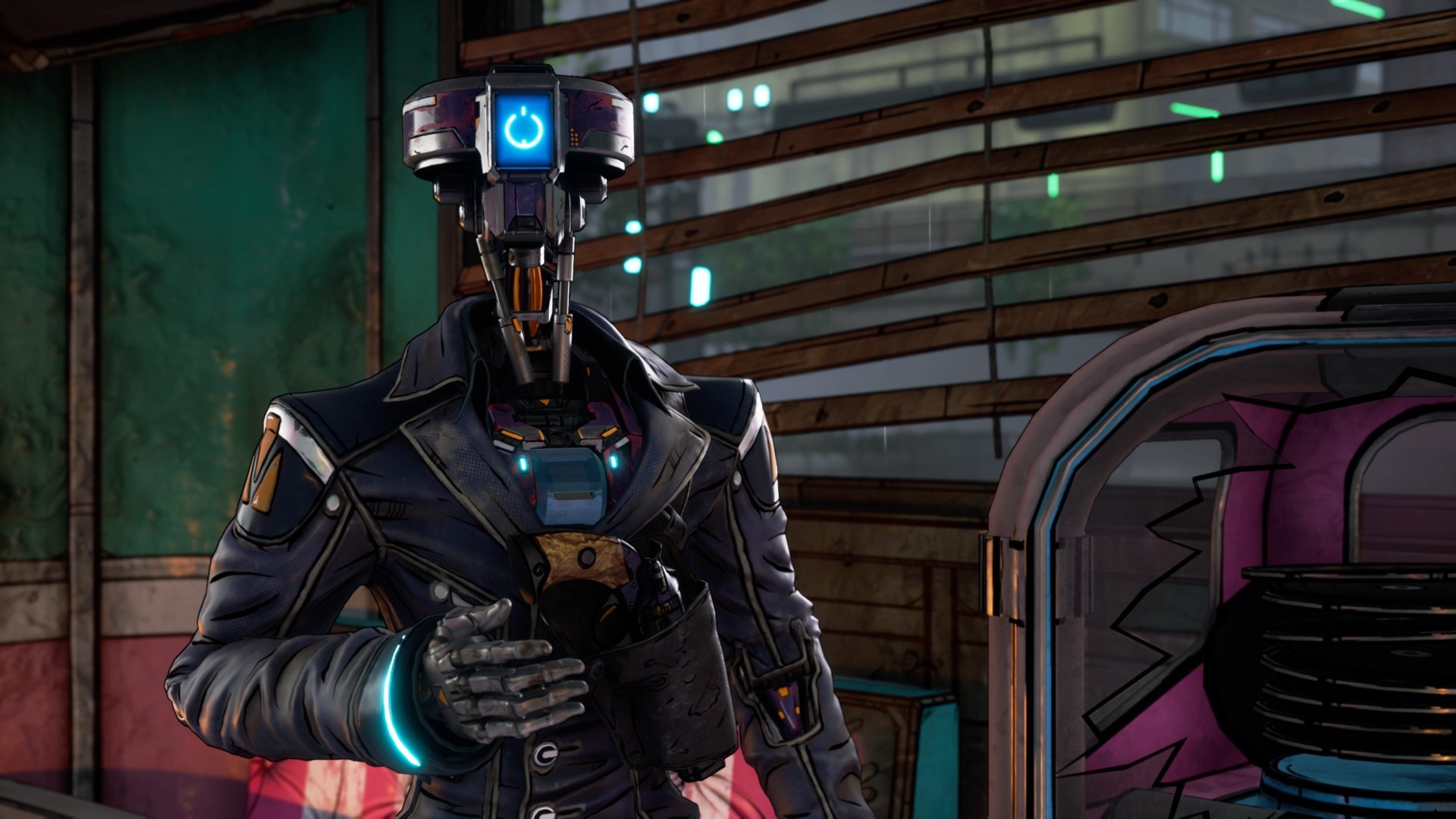 New Tales from the Borderlands screenshot: cel-shaded, third-person, fixed camera, black outlines, soft gradient (character, cutscene)