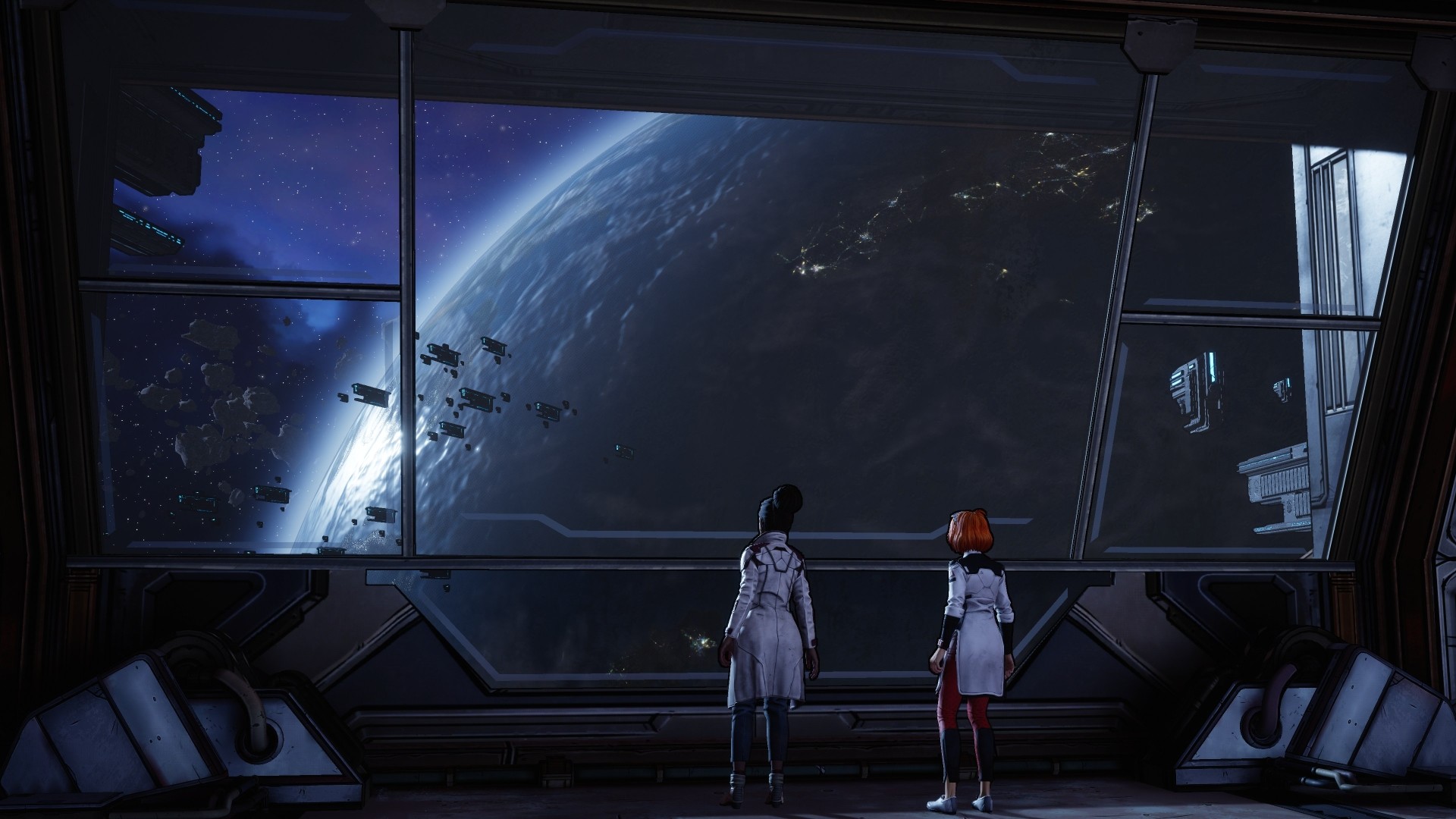 New Tales from the Borderlands screenshot: cel-shaded, third-person, fixed camera, black outlines, soft gradient (environment, character, cutscene)