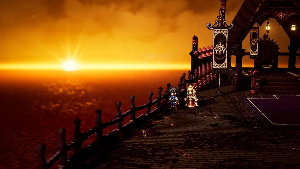 OCTOPATH TRAVELER 0 screenshot: pixel art, stylized 3d, three-quarter, soft gradient (environment)
