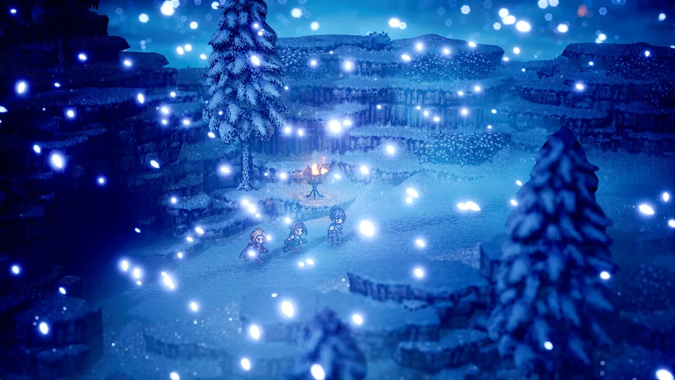 OCTOPATH TRAVELER 0 screenshot: pixel art, stylized 3d, three-quarter, soft gradient (environment)