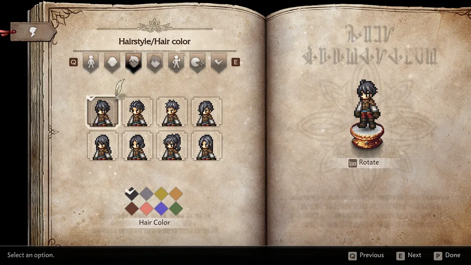 OCTOPATH TRAVELER 0 screenshot: pixel art, stylized 3d, three-quarter, soft gradient (character, ui / menu)