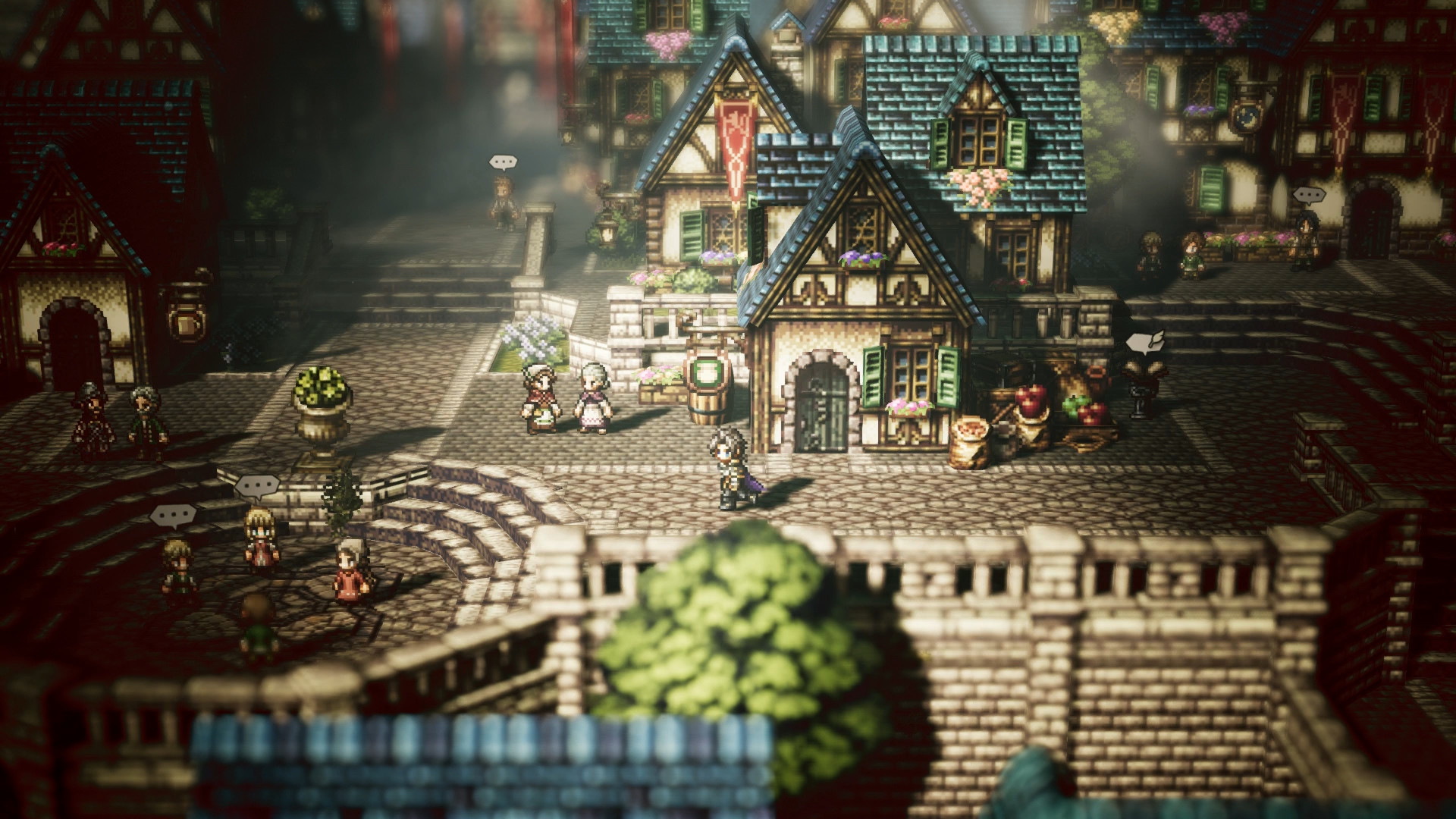 Octopath Traveler screenshot: pixel art, stylized 3d, diorama, three-quarter, fixed camera, soft gradient (environment)