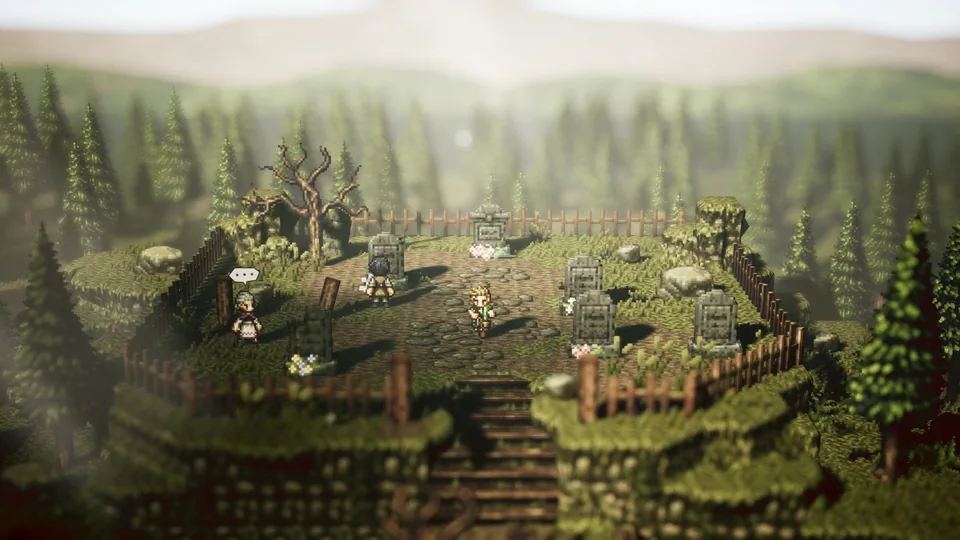 Octopath Traveler screenshot: pixel art, stylized 3d, diorama, three-quarter, fixed camera, soft gradient (environment)