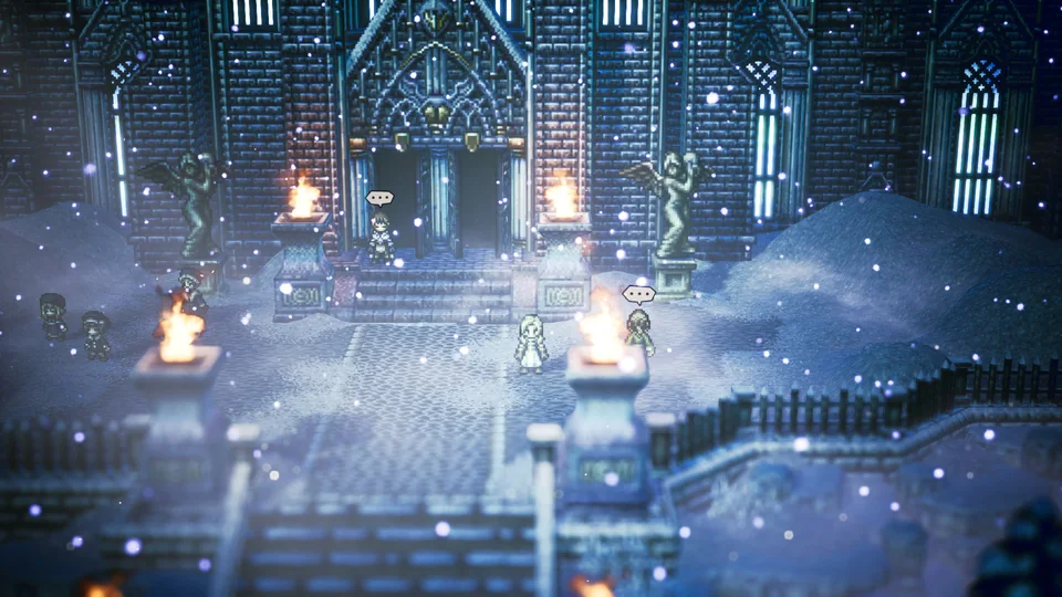 Octopath Traveler screenshot: pixel art, stylized 3d, diorama, three-quarter, fixed camera, soft gradient (environment)