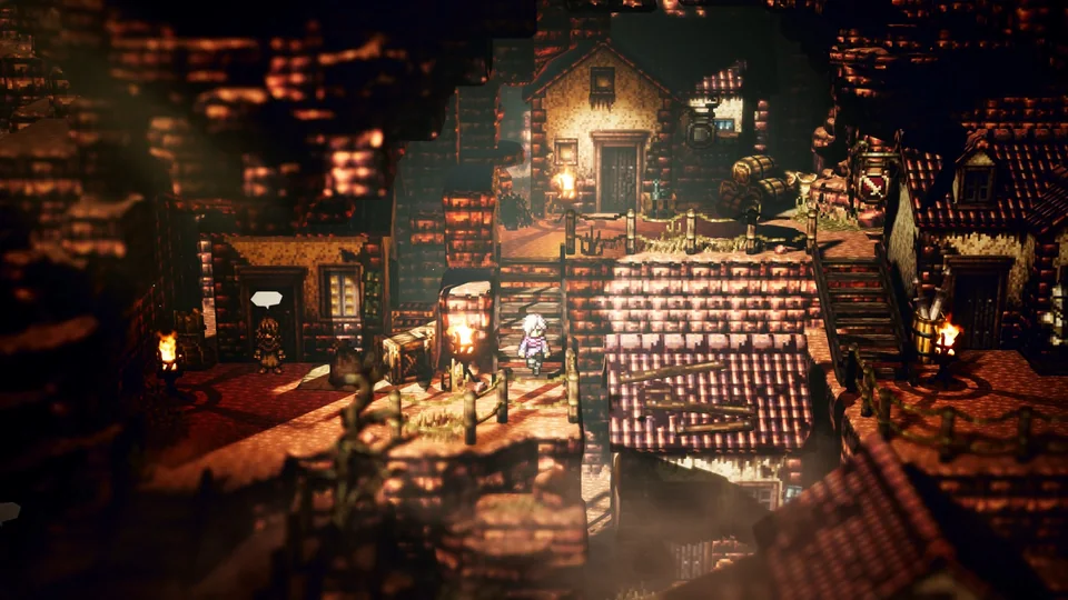 Octopath Traveler screenshot: pixel art, stylized 3d, diorama, three-quarter, fixed camera, soft gradient (environment)