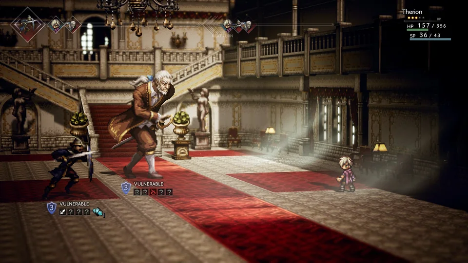 Octopath Traveler screenshot: pixel art, stylized 3d, diorama, three-quarter, fixed camera, soft gradient (character, combat)