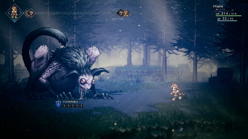 Octopath Traveler screenshot: pixel art, stylized 3d, diorama, three-quarter, fixed camera, soft gradient (character, combat)