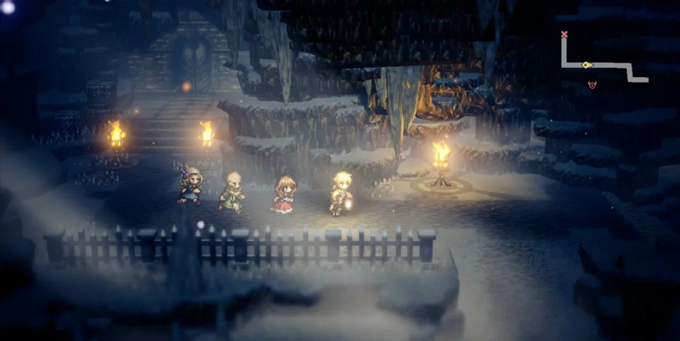 Octopath Traveler: Champions of the Continent screenshot: pixel art, stylized 3d, three-quarter, soft gradient (environment)