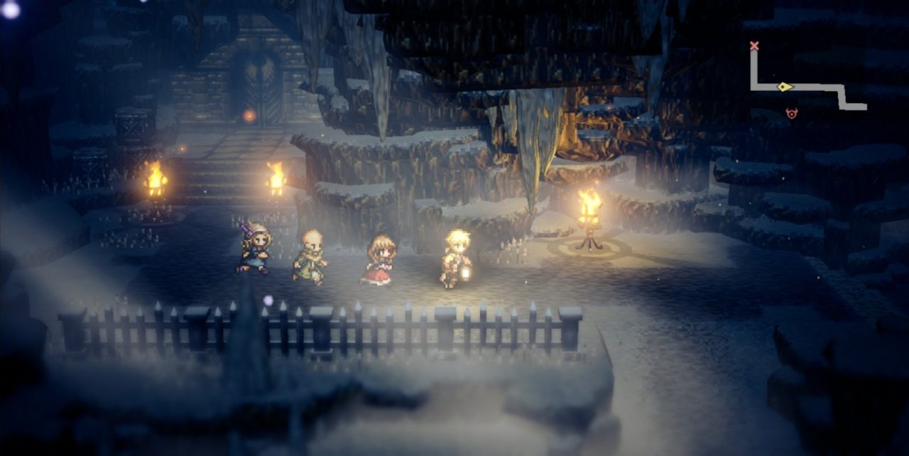 Octopath Traveler: Champions of the Continent screenshot: pixel art, stylized 3d, three-quarter, soft gradient (environment)