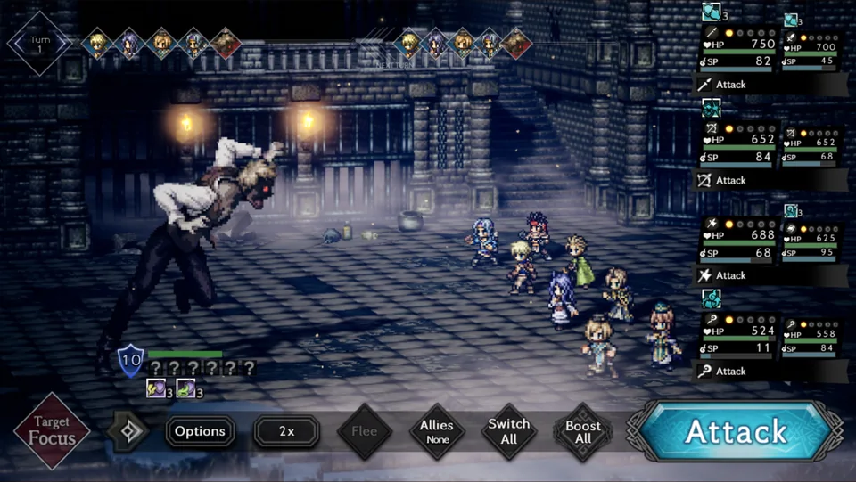Octopath Traveler: Champions of the Continent screenshot: pixel art, stylized 3d, three-quarter, soft gradient (combat)