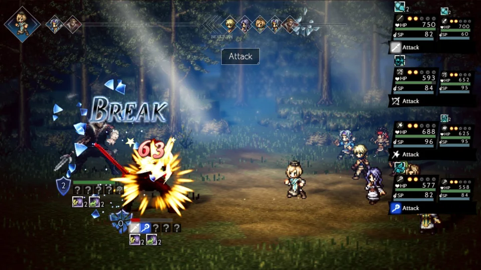 Octopath Traveler: Champions of the Continent screenshot: pixel art, stylized 3d, three-quarter, soft gradient (combat)