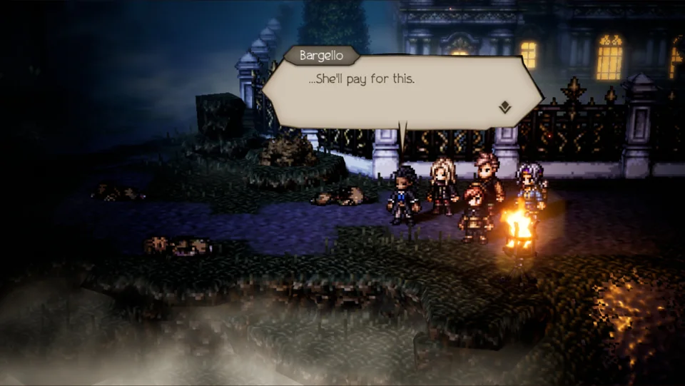 Octopath Traveler: Champions of the Continent screenshot: pixel art, stylized 3d, three-quarter, soft gradient (cutscene)