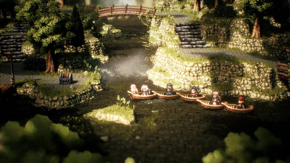 Octopath Traveler II screenshot: pixel art, stylized 3d, diorama, three-quarter, realistic lighting (environment)