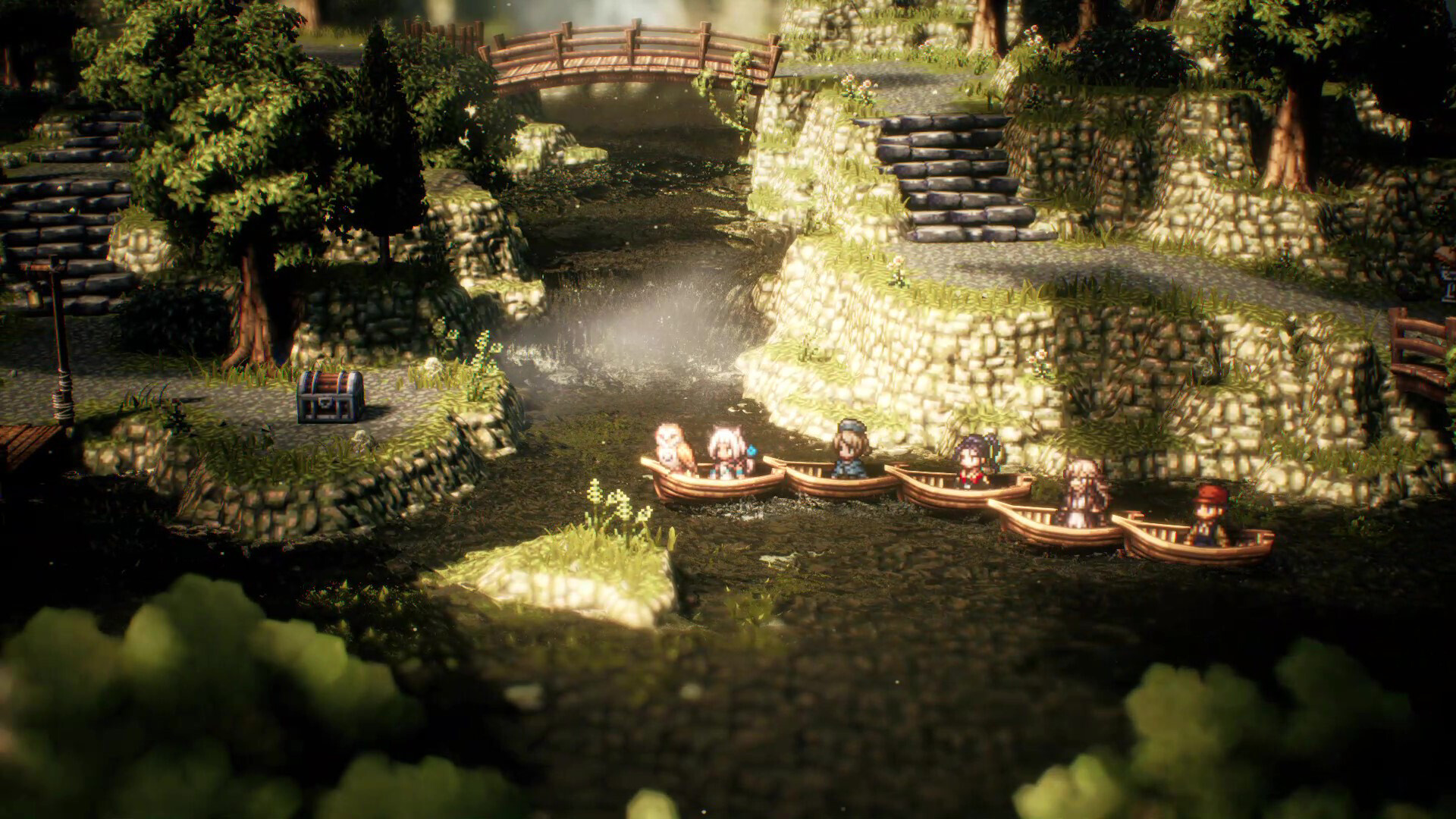 Octopath Traveler II screenshot: pixel art, stylized 3d, diorama, three-quarter, realistic lighting (environment)
