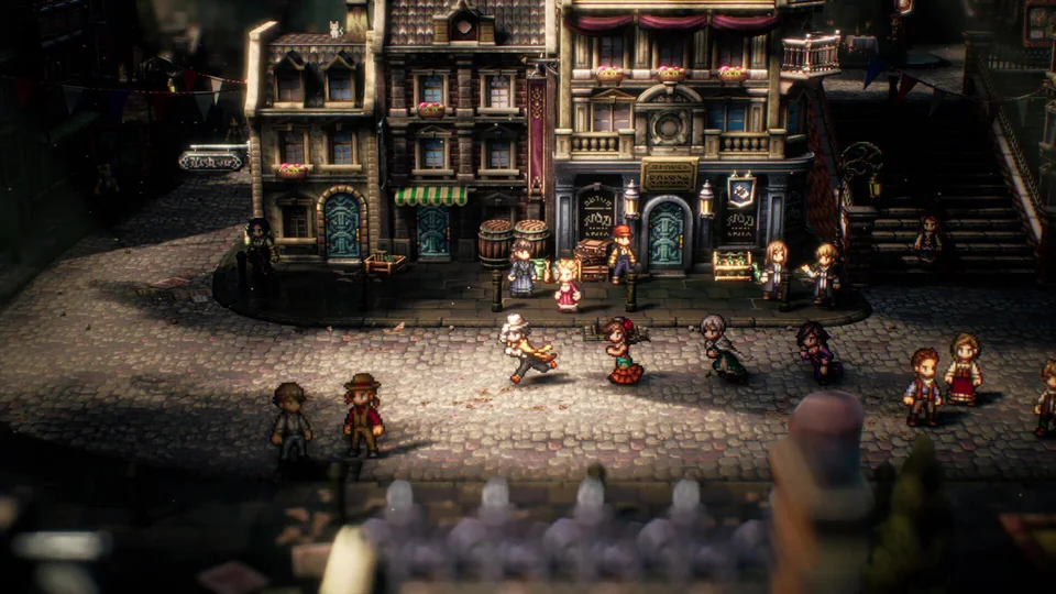 Octopath Traveler II screenshot: pixel art, stylized 3d, diorama, three-quarter, realistic lighting (environment, character)