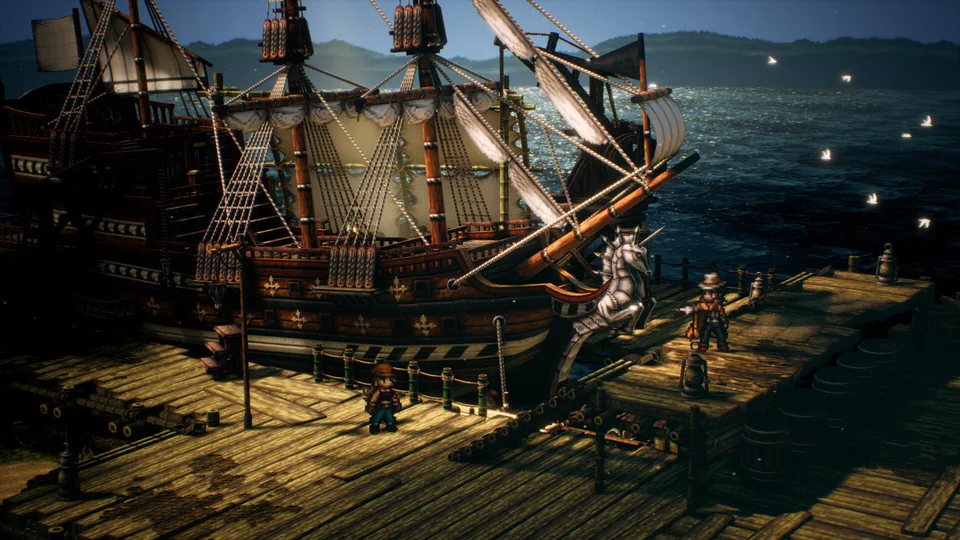 Octopath Traveler II screenshot: pixel art, stylized 3d, diorama, three-quarter, realistic lighting (environment)