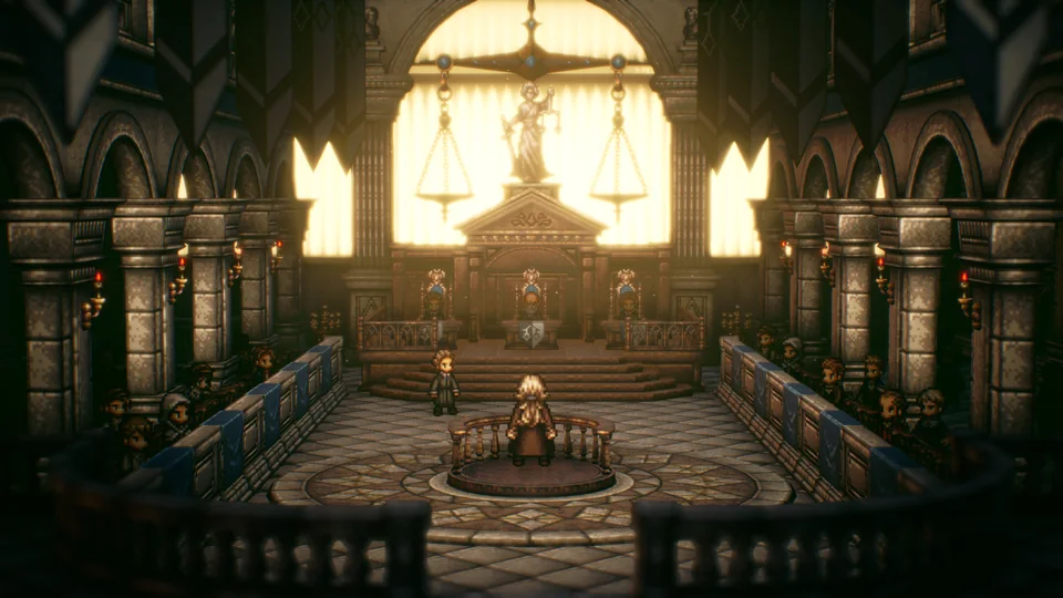 Octopath Traveler II screenshot: pixel art, stylized 3d, diorama, three-quarter, realistic lighting (environment)