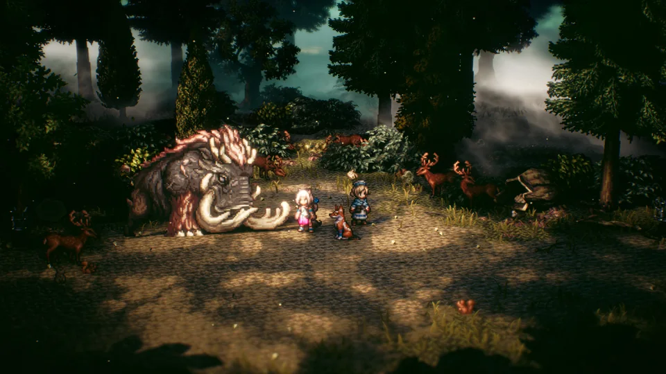 Octopath Traveler II screenshot: pixel art, stylized 3d, diorama, three-quarter, realistic lighting (environment, character)