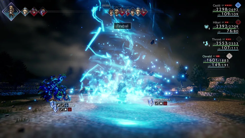 Octopath Traveler II screenshot: pixel art, stylized 3d, diorama, three-quarter, realistic lighting (combat)