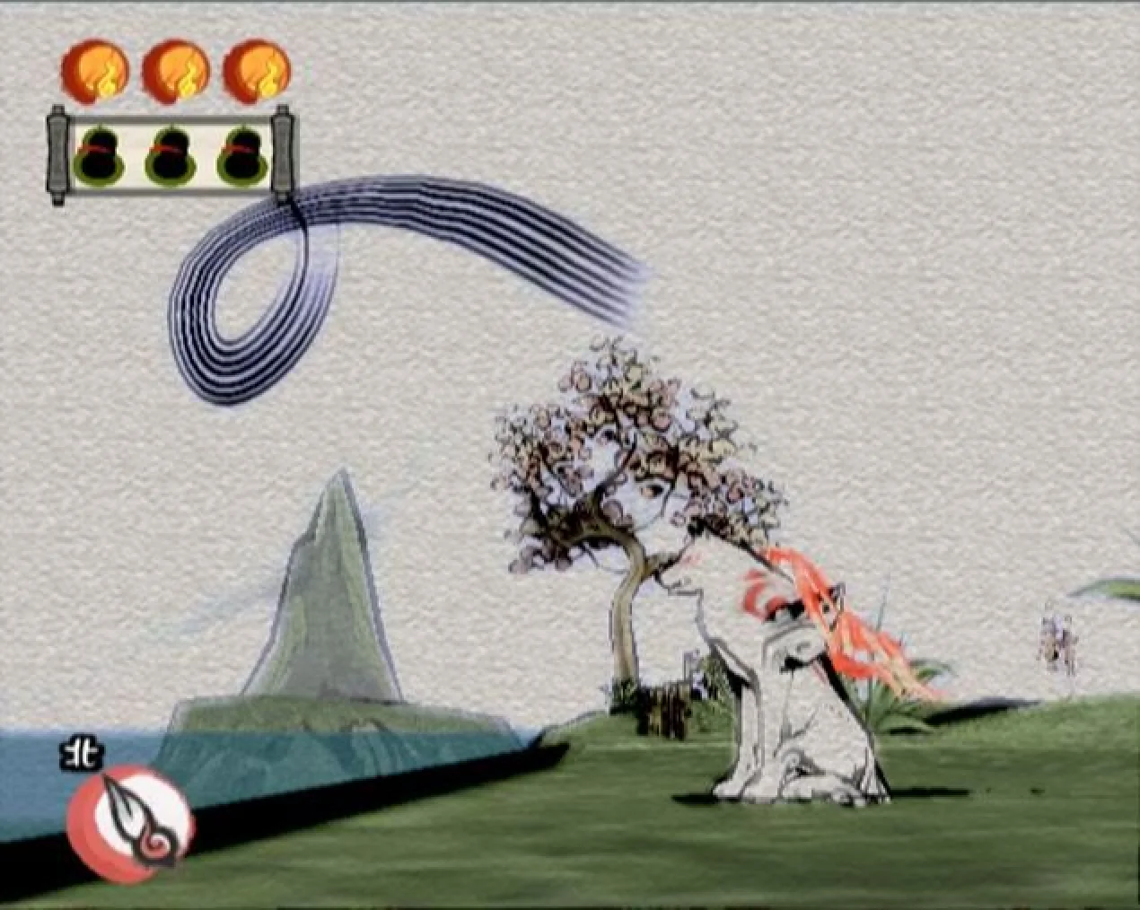Ōkami screenshot: cel-shaded, painterly, third-person, inked lines, flat / unlit (environment, character)