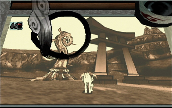 Ōkami screenshot: cel-shaded, painterly, third-person, inked lines (environment)
