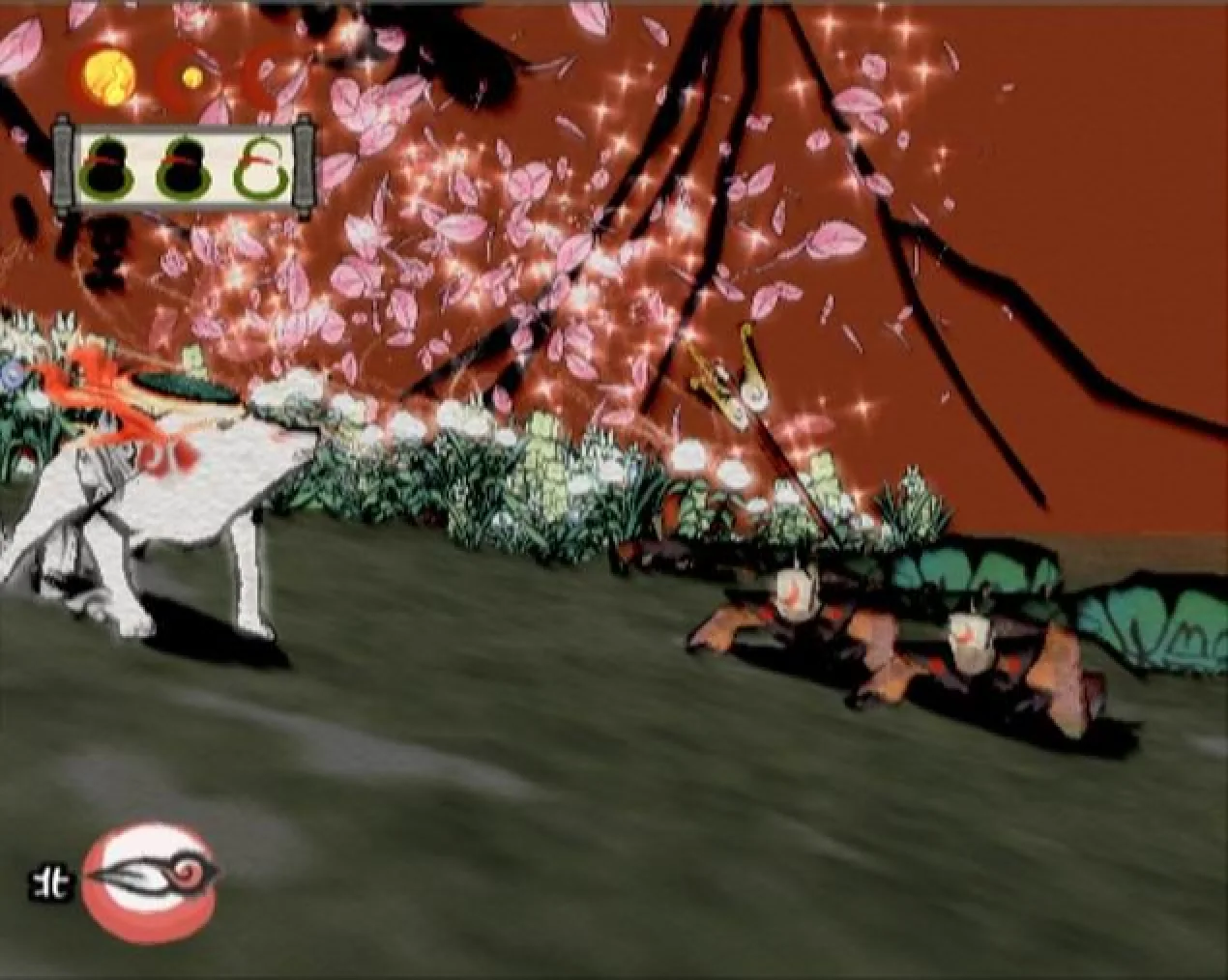 Ōkami screenshot: cel-shaded, painterly, third-person, inked lines, flat / unlit (combat, character)