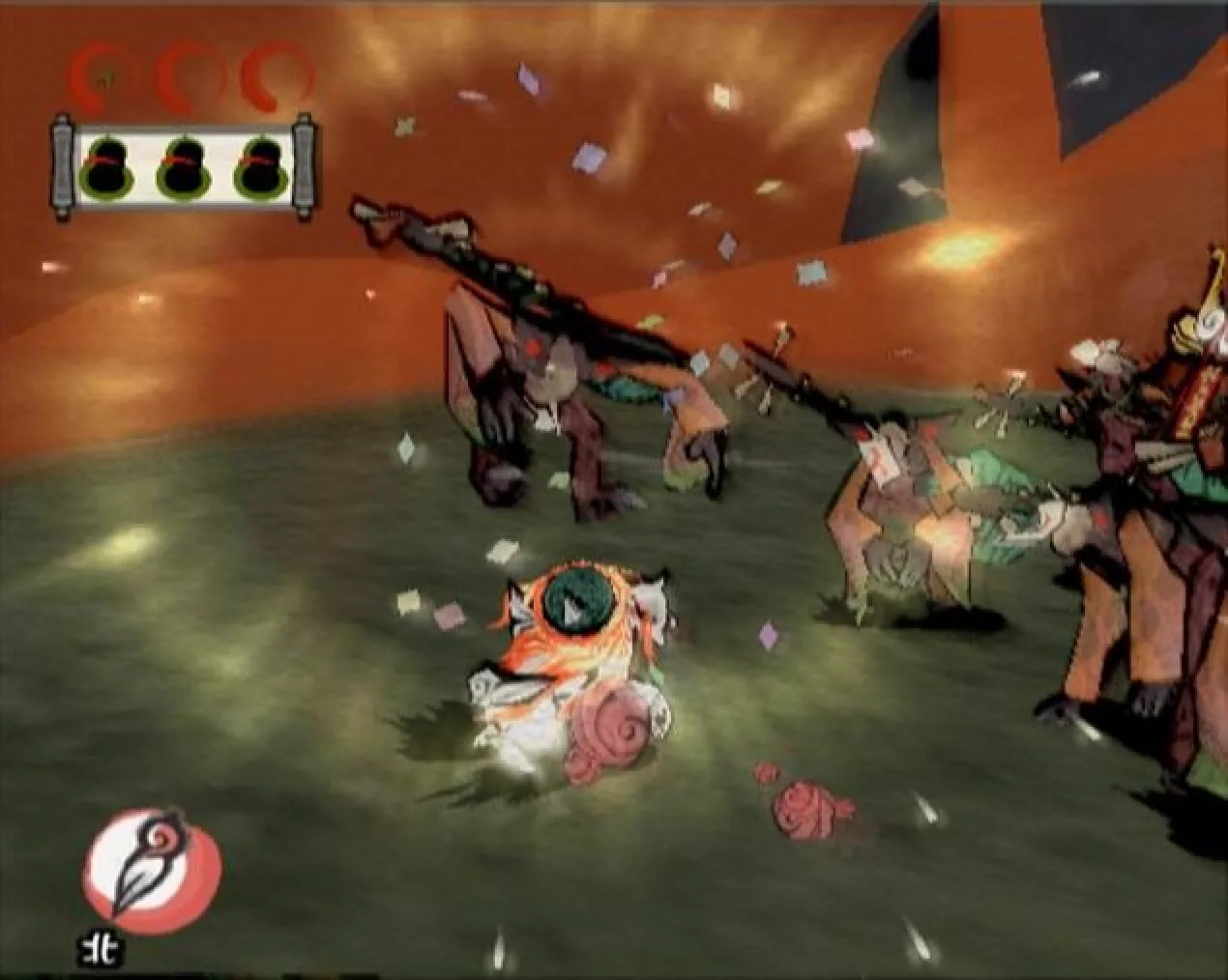 Ōkami screenshot: cel-shaded, painterly, third-person, inked lines, flat / unlit (combat)
